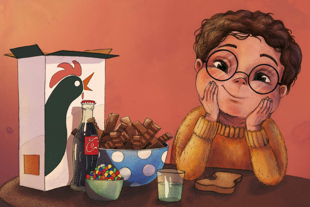 Die Illustration zeigt, wie Linus am Fr&uuml;hst&uuml;ckstisch sitz. Er st&uuml;tzt den Kopf auf beide H&auml;nde. Neben ihm steht eine Cornflakespackung, eine Flasche, eine Sch&uuml;ssel mit Schokoriegel und eine kleine Sch&uuml;ssel mit bunten Streuseln. Vor Linus liegt eine angebissene Brotscheibe auf dem Tisch, davor steht ein Glas halbvoll mit Wasser.