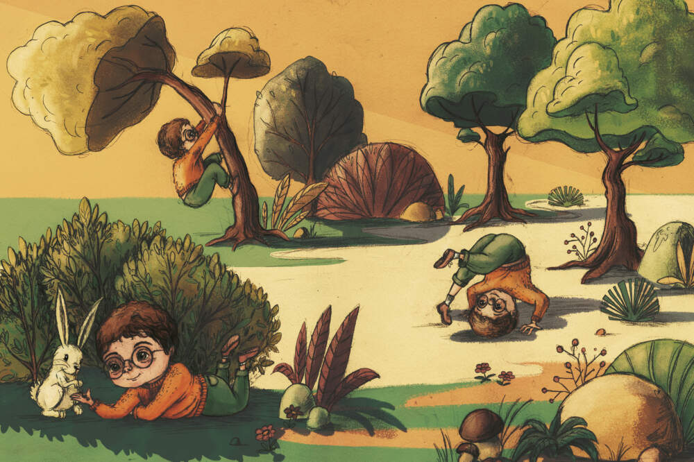 Die Illustration zeigt, verschiedene Szenen mit Linus im Wald. Einmal klettert Linus auf einen Baum, der sich biegt. Ein anderes Mal gibt er einem H&auml;schen die Pfote. Und in der dritten Szene macht Linus einen Purzelbaum.