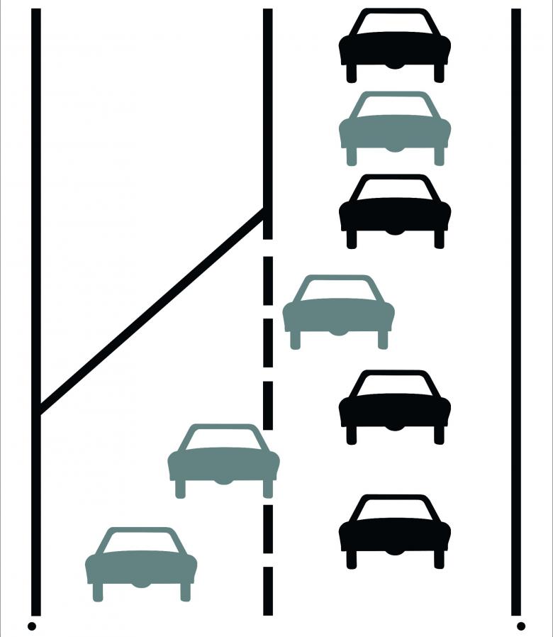 Die Grafik zeigt das Reiss&middot;verschluss&middot;prinzip beim Einordnen. Jedes Auto von der linken Fahrspur reiht sich zwischen zwei Autos auf der rechten Fahrspur ein.