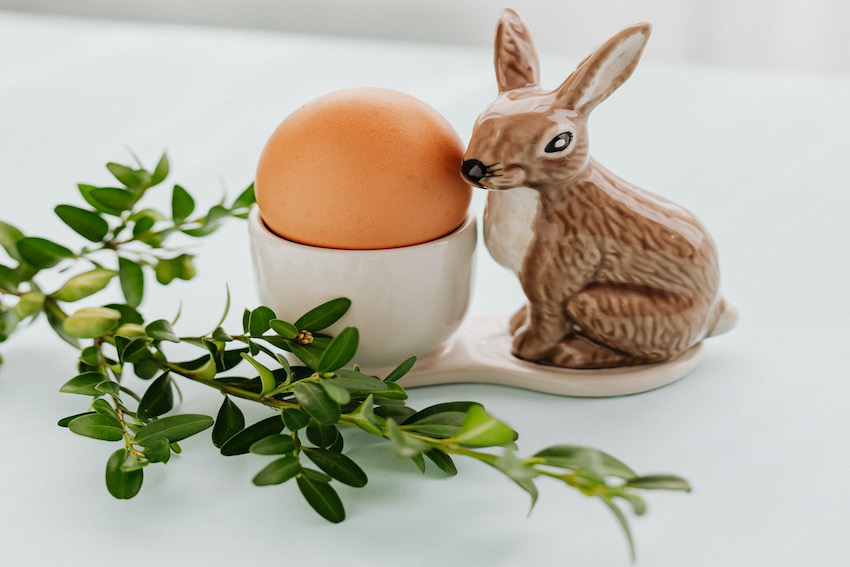 Auf einem weissen Tisch steht ein bemalter Porzellanhase rechts von einem Frühstücksei. Zur Dekoration liegt ein grüner Zweig mit feinen Blättern davor.