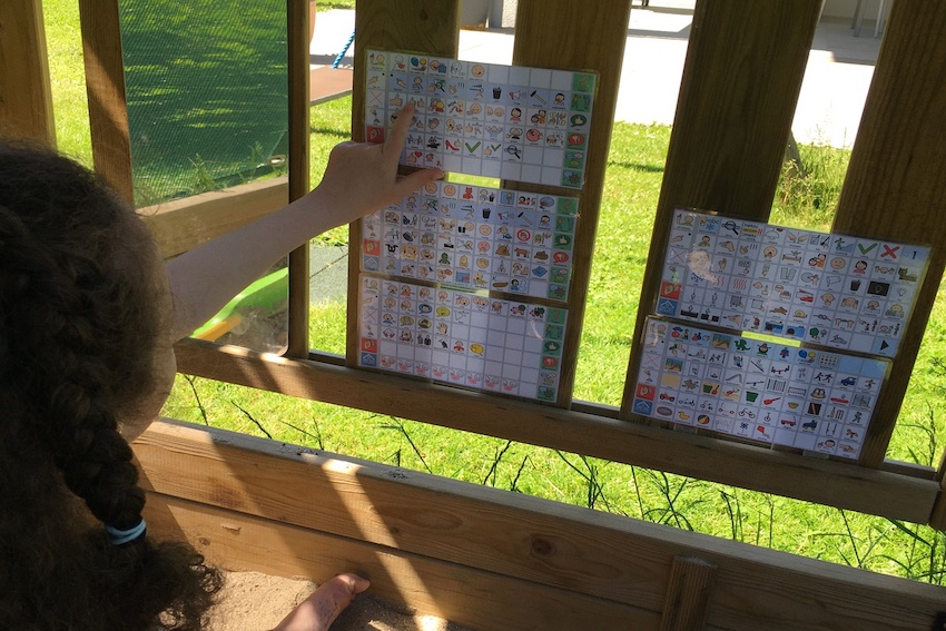 Die Hand von einem Mädchen zeigt auf Bildsymbole auf Papierblättern. Fünf solche Blätter hängen an einer Fensterscheibe.