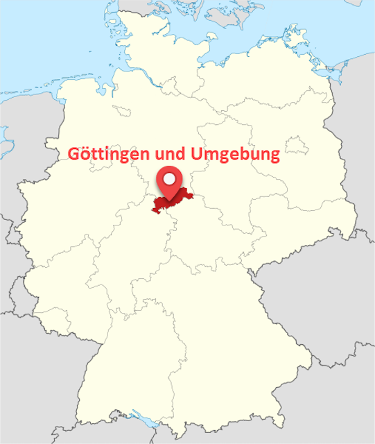 Karte von Deutschland: G&ouml;ttingen und Umgebung befinden sich fast genau in der Mitte des Landes.