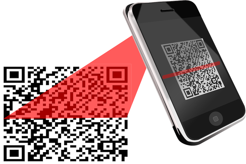 Animation wie die Kamera eines Smartphones einen QR-Code scannt.