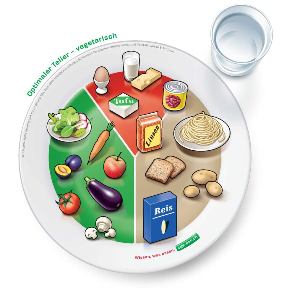 Der optimale vegetarische Teller hat 3 Teile: Der kleinste Teil sind die Eiweisse. Die anderen beiden Teile sind gleich gross mit Fr&uuml;chten und Gem&uuml;se und mit Kohlenhydraten.