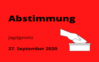 Zeichnung von einer Hand, die einen Zettel in eine Box steckt. Dar&uuml;ber steht: Abstimmung. Neben der Grafik steht: Jagdgesetz und das Datum 27. September 2020.