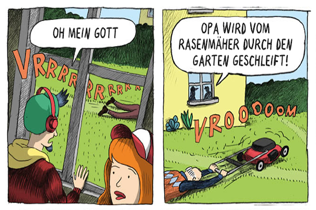 Ein M&auml;dchen und ihr Bruder stehen am Fenster. Der Bruder schaut zum Fenster hinaus. Er sieht den Grossvater am Boden liegen. Er sagt &laquo;Oh mein Gott! Was ist mit Opa?&raquo; Grossvater ist beim Rasenm&auml;hen umgefallen.