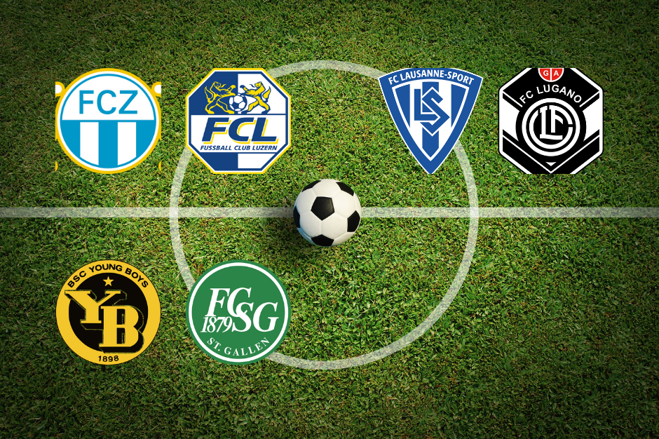 Ein Fussball liegt auf dem Anspielpunkt in einem Fussballfeld. Ins Bild integriert sind die Logos vom FC Zürich, FC Luzern, FC Lausanne Sport, FC Lugano, den Young Boys und vom FC St.Gallen