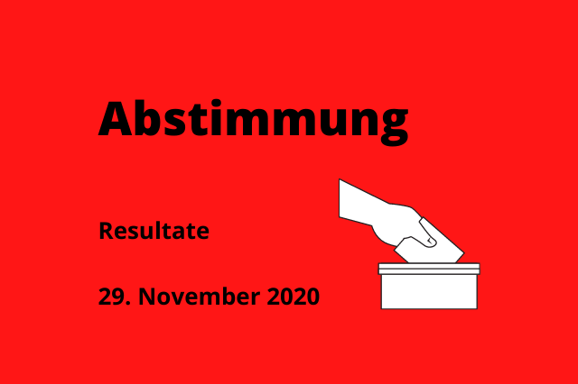 Grafik, auf der eine Hand einen Zettel in eine Box steckt. Darüber steht: Abstimmung. Und links davon steht: Resultate, 28. November 2020.