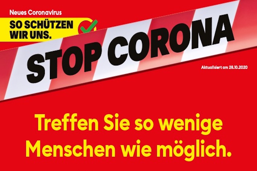 Ausschnitt aus einem BAG-Plakat. Darauf steht: Neues Coronavirus. So schützen wir uns. Stop Corona. Treffen Sie so wenige Menschen wie möglich. Aktualisiert am 28.10.2020.