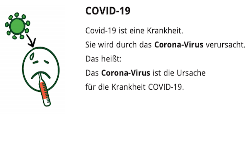 Ein Strichmännchen hat ein Fieberthermometer im Mund. Über dem Kopf vom Männchen schwebt ein Corona-Virus. Ein Pfeil zeigt an, dass das Virus in das Strichmännchen hinein will.