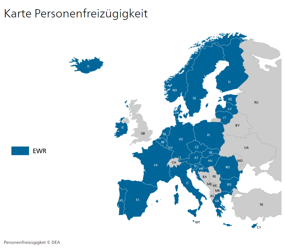Eine Karte von Europa. Die L&auml;nder der EU sind blau eingef&auml;rbt. Die Schweiz und die L&auml;nder, die nicht zur EU geh&ouml;ren, sind grau eingef&auml;rbt.