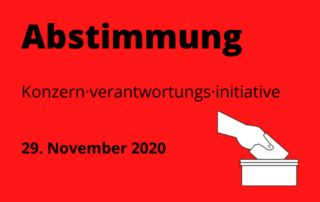 Zeichnung von einer Hand, die einen Zettel in eine Box steckt. Dar&uuml;ber steht: Abstimmung. Neben der Grafik steht: Konzern&middot;verantwortungs&middot;initiative und das Datum 29. November 2020.