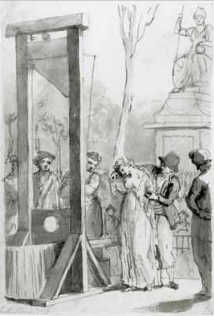 Eine Skizze von der Hinrichtung von Olympe. Vorne steht die Guillotine und daneben drei M&auml;nner. Ein Mann h&auml;lt Olympe fest und dr&auml;ngt sie zur Guillotine. Olympe hat den Kopf gesenkt.