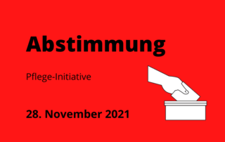 Zeichnung von einer Hand, die einen Zettel in eine Box steckt. Dar&uuml;ber steht: Abstimmung. Neben der Grafik steht: Pflege-Initiative und das Datum 28. November 2021.