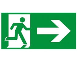 Auf dem Piktogramm f&uuml;r den Notausgang l&auml;uft eine Figur zum Ausgang. Ein grosser Pfeil weist die Richtung.