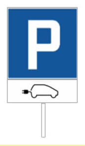 Das Signal Parkieren gestattet zeigt eine weisses P auf blauem Grund. Darunter gibt es ein Symbol von einem Auto, das anstelle des Auspuffs einen Stromstecker hat.