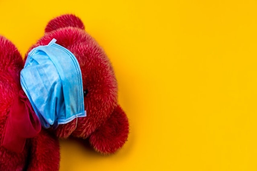 Ein Teddyb&auml;r tr&auml;gt eine Schutzmaske.