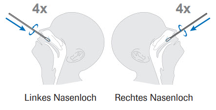 Eine Grafik von einem Kopf im Profil. Der Kopf ist nach hinten geneigt. Die Grafik zeigt den Mund-Nasen-Rachenraum. Ein Test&middot;st&auml;bchen steckt etwas im Nasenloch. Blaue Pfeile zeigen dir Richtung, in die man das St&auml;bchen im Nasenloch umdrehen muss. Dazu steht die Zahl 4mal. Es gibt zwei Kopfprofile, einmal mit dem linken und einmal mit dem rechten Nasenloch.