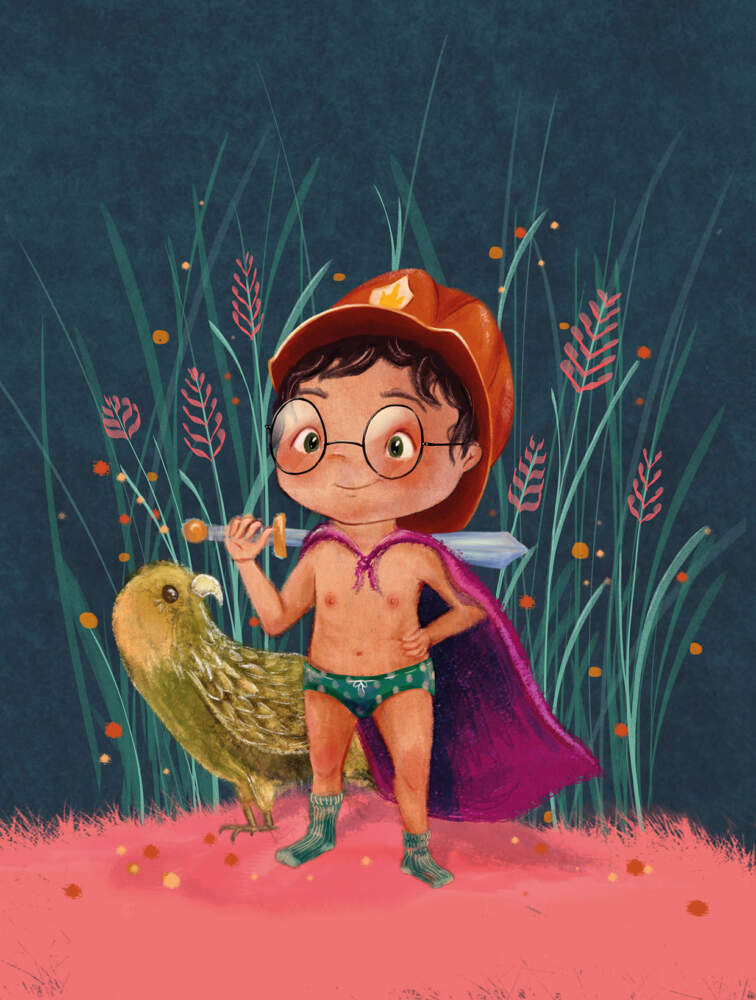 Die Illustration f&uuml;r das Cover des Buches zeigt Linus. Er steht in Unterhose und Socken vor einigen hohen Gr&auml;sern. Er tr&auml;gt eine Brille, einen Umhang und einen Feuerwehrhelm. Hinter seinem Kopf h&auml;lt er ein Schwert quer &uuml;ber seine Schultern. Links von Linus schaut der Kakapo hervor.