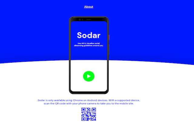 Screenshot der Sodar-Website. Auf dem Bildschirm eines Smartphones ist das Tool Sodar angezeigt. Es gibt ein Play-Zeichen, mit dem man ein Video starten kann. Unter dem Smartphone ist der QR-Code f&uuml;r Sodar.