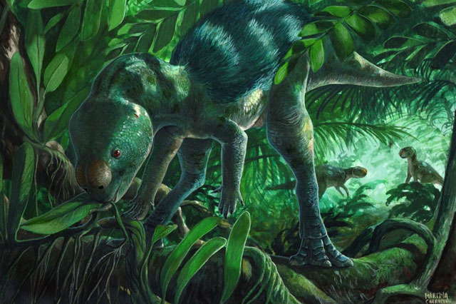 Ein Bild davon, wie der Dinosaurier ausgesehen haben k&ouml;nnte. Er ist gr&uuml;n. Die Hinter Beine sind l&auml;nger und kr&auml;ftiger als die Vorderbeine. Der Kopf ist run-l&auml;nglich und der Dinosaurier hat einen langen Schwanz, der zum Spitz d&uuml;nner wird. Auf dem R&uuml;cken hat er eine Art Haare oder Federn.