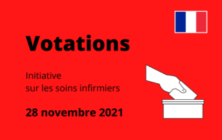 Dessin d'une main mettant un morceau de papier dans une bo&icirc;te. Au-dessus, il est &eacute;crit : Vote. &Agrave; c&ocirc;t&eacute; du dessin, on peut lire : Initiative sur les soins infirmiers et la date du 28 novembre 2021.