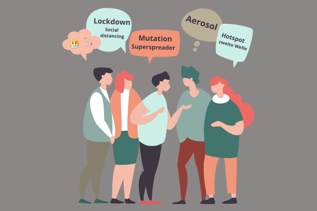 Grafik mit Leuten, die nebeneinanderstehen und miteinander sprechen. Über ihren Köpfen sind Sprachblasen. In diesen stehen die Corona-Wörter: Lockdown, Social Distancing, Mutation, Superspreader, Aerosol, Hotspot und zweite Welle. In einer Sprechblase ist das Emoji mit Maske und eine Grafik für den Ellenbogengruss.