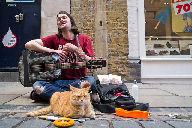 James sitzt mit der Gitarre auf dem Boden. Vor ihm liegt der Kater Bob.
